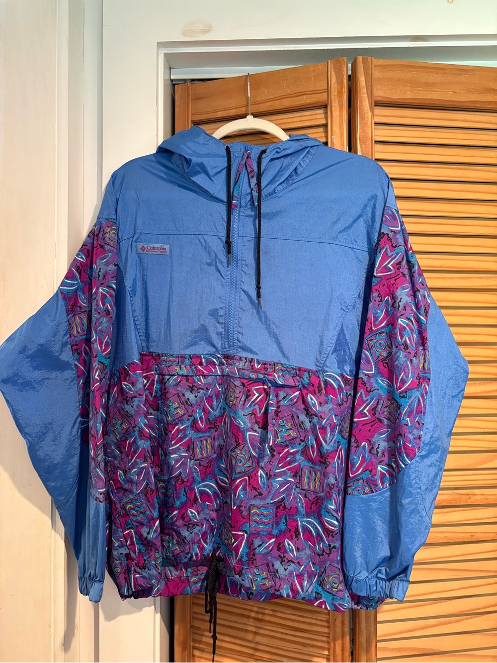 Vintage Columbia Windbreaker Half Zip Anorak Hooded Jacket Geometric Abstract